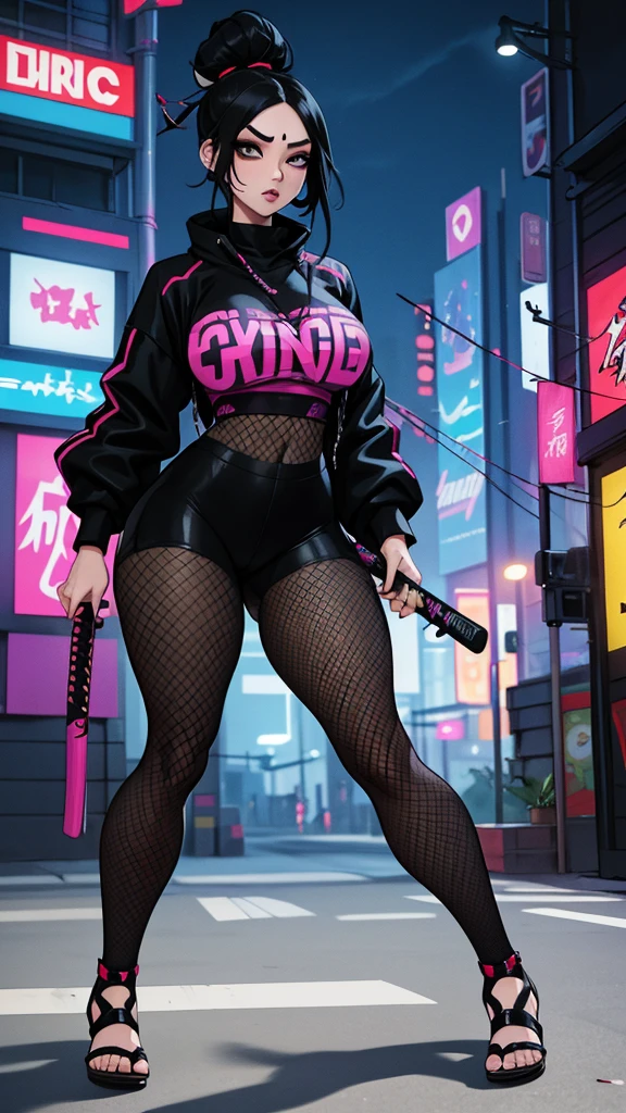 goth woman, Asian, Curvy athletic, cyberpunk samurai, samurai armor, black hair samurai hairstyle, with katana, panties, fishnet pantyhose, long fitted shirt, japanese sandals, cyberpunk city scene at night with fluorescent signs