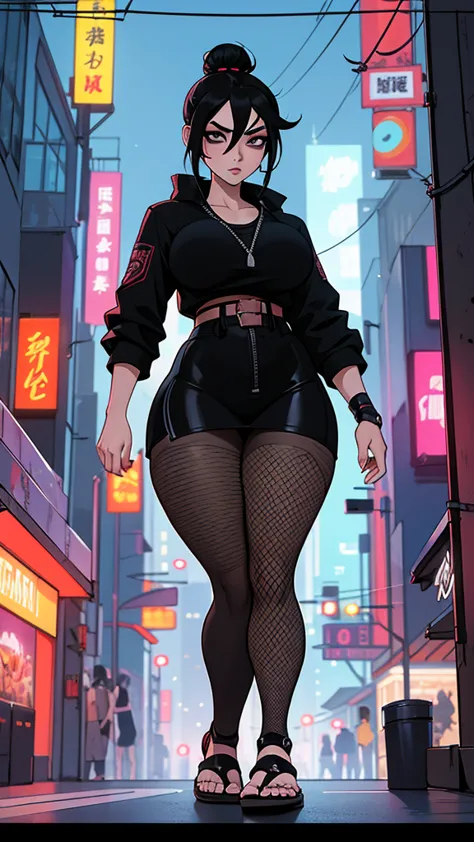 goth woman, Asian, Curvy athletic, cyberpunk samurai, samurai armor, black hair samurai hairstyle, with katana, panties, fishnet...