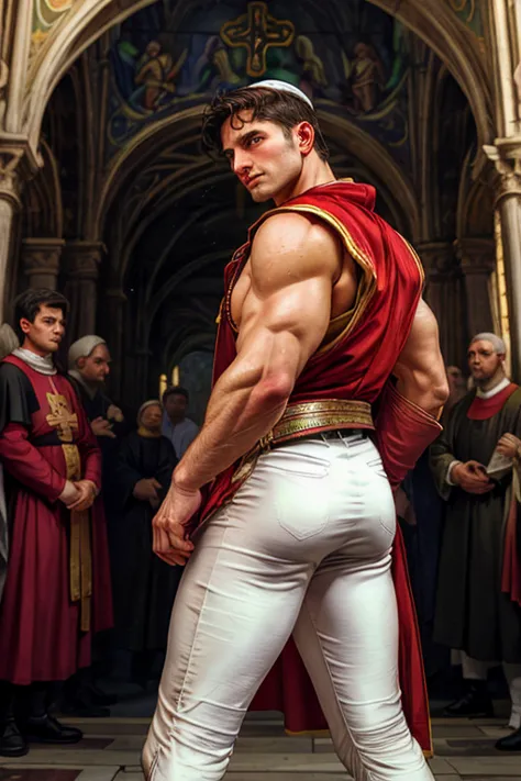 looking back, dariusferdynand wearing well-fitted sleeveless red and white sheer tight roman-catholic-pope robe-armor, looking a...