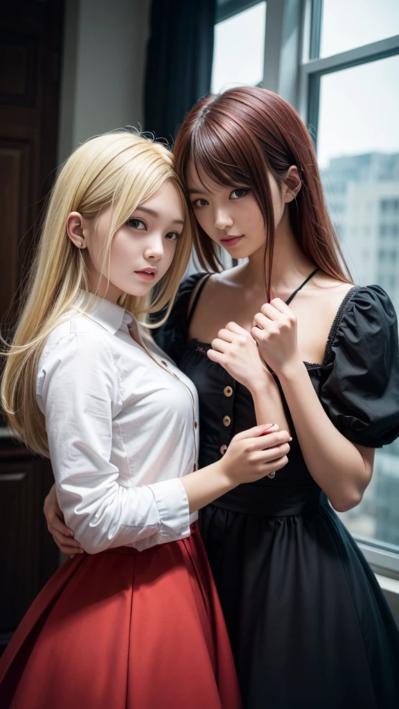 (Natural blonde and redhead girls with pretty faces), Cute pose, wearing a button dress, Atmospheric, Dark atmosphere, Edge lighting, Sayaka Yamamoto, Saito Asuka, Mao Akiyama&#39;s facial features, 8K, Full 体 portrait, ((Almost nude costume:1.4)), Natural light, Spooky greenhouse at night, Sharp focus, (Highly detailed eyes and face:1.1, Professional photography techniques), (Beautiful small face, beautiful girl, high school student, Idol Face, Baby Face:1.4), smile, Happy, K UHD, Hmph, Beautiful and soft skin, Vibrant Skin, blush, ((Beautiful breasts:1.2, Cleavage)), (Small beautiful butt), (Detailed hands and arms:1.2, The optimal ratio is four fingers to one thumb), Perfect proportions, (Perfect Anatomy:1.3), (Highest quality, Masterpiece, Highest quality, Ultra high definition, Photorealism:1.4), ((Kiss each other:1.4))