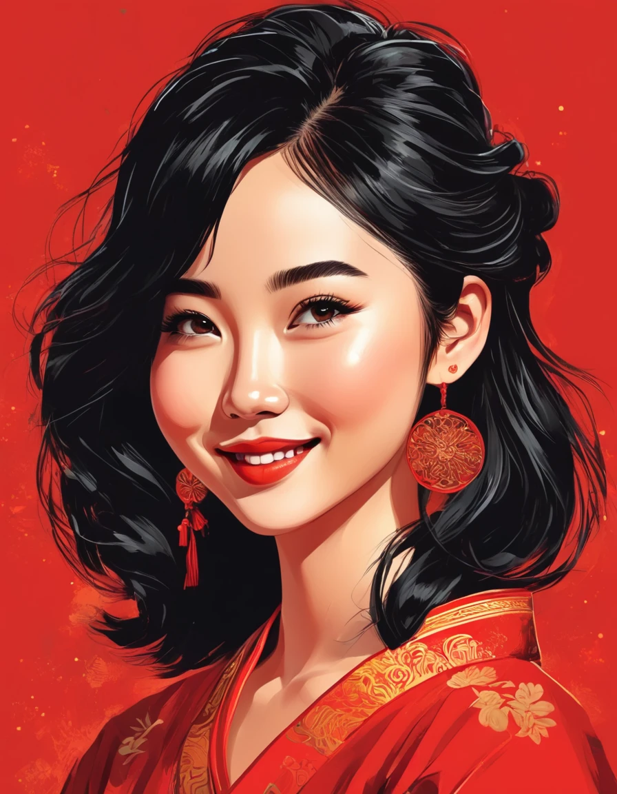 Vector Art，todo el cuerpo，Estilo de ilustración plana de una linda chica china, pelo negro, sonrisa, de cerca，Moderno y sencillo，fondo rojo，Estilo de arte collage,  hermoso y detallado