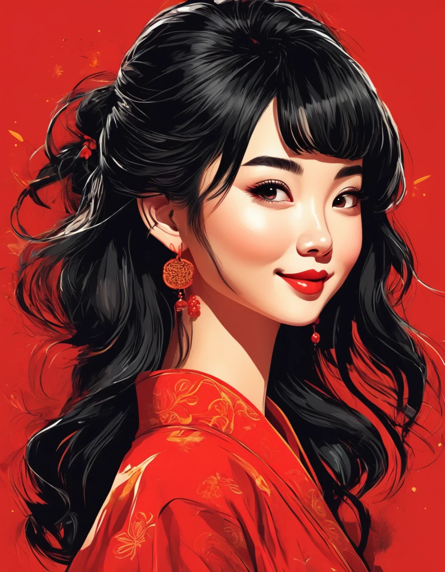 Vector Art，todo el cuerpo，Estilo de ilustración plana de una linda chica china, pelo negro, sonrisa, de cerca，Moderno y sencillo，fondo rojo，Estilo de arte collage,  hermoso y detallado