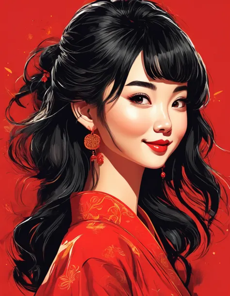 Vector Art，whole body，Flat illustration style of a cute Chinese girl, Black hair, Smile, close up，Modern and simple，Red backgrou...
