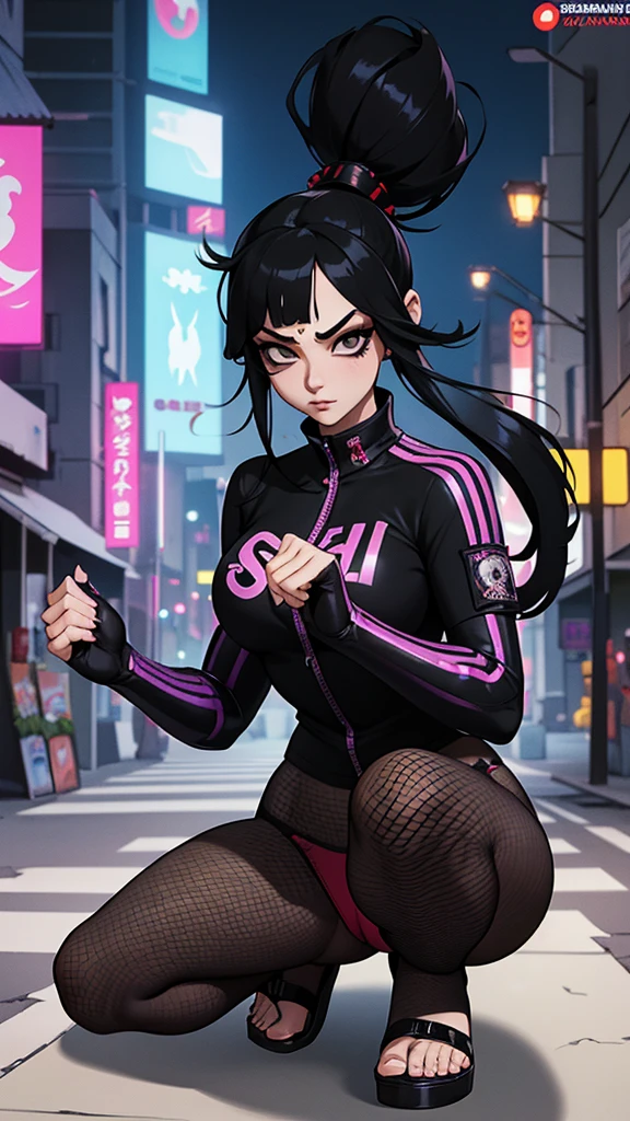 goth woman, Asian, Curvy athletic, cyberpunk samurai, samurai armor, black hair samurai hairstyle, with katana, holographic clothing, red panties, fishnet pantyhose, long fitted shirt, japanese sandals, squatting fighting position, cyberpunk city scene at night with fluorescent signs