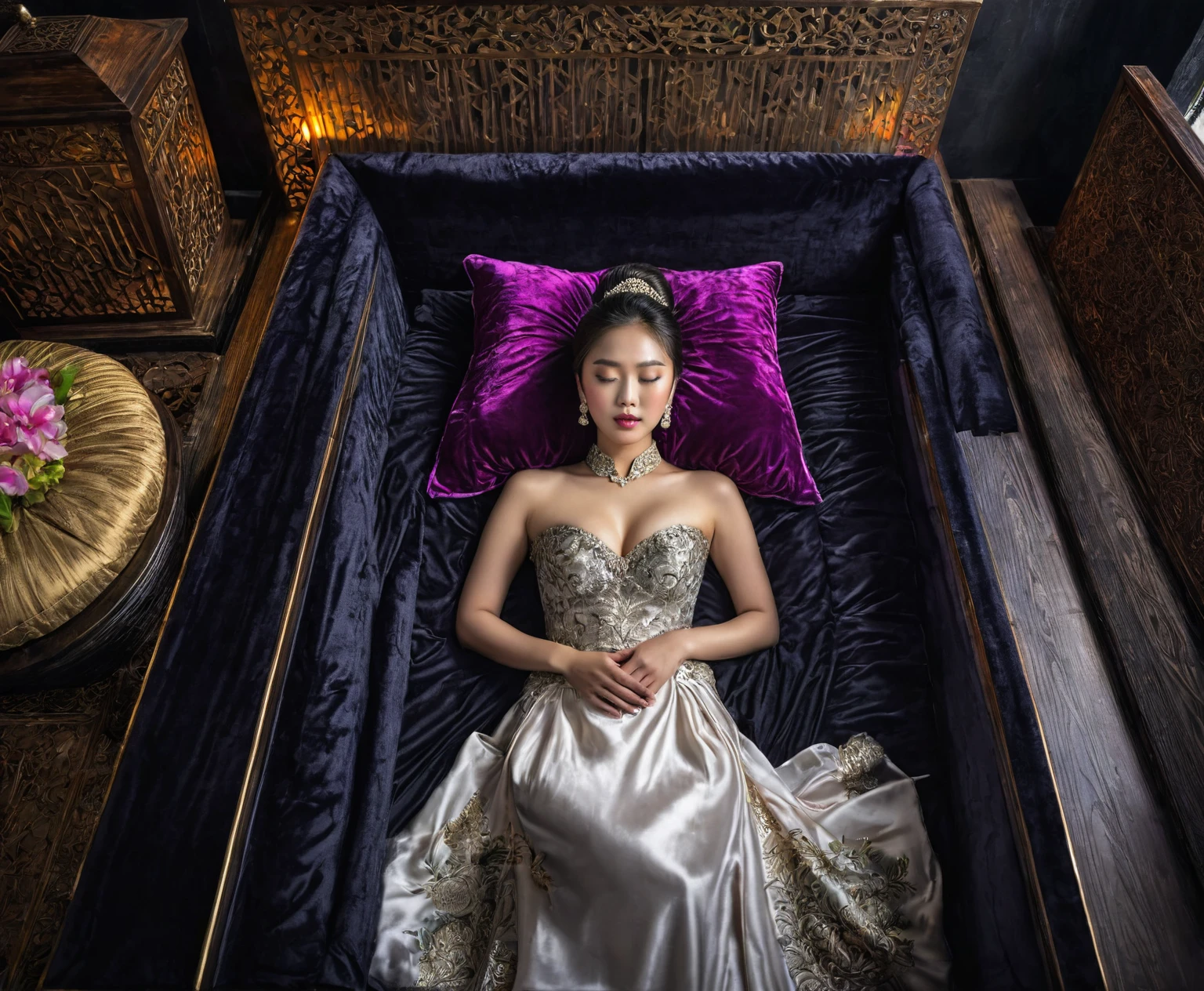 In a striking 8K HDR scene, a stunning Korean woman, 22 years old, lies peacefully in a black coffin surrounded by plush pillows. The deep box is set against a rich black background, accentuating the beauty of the subject. Her exquisite kebaya attire is embroidered with superb detail, showcasing her round and firm breasts, perfect cleavage, and beautiful eyebrows. Her closed eyes and mouth give an air of serenity, while her visible and absolute cleavage leave nothing to imagination. The scene is bathed in saturated colors, highlighting every intricate aspect from the ball skirt to her clean face, straight body, detailed hand perfect hands, straight body, own hands together, own hand on stomach, detailed hands, perfect hands.