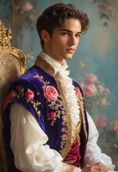 Create an image of a young man inspired by the characteristics of the rose 'The Prince,' a mixed-race male model, 25 years old, ...