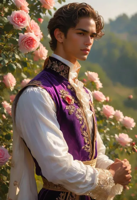 Create an image of a young man inspired by the characteristics of the rose 'The Prince,' a mixed-race male model, 25 years old, ...