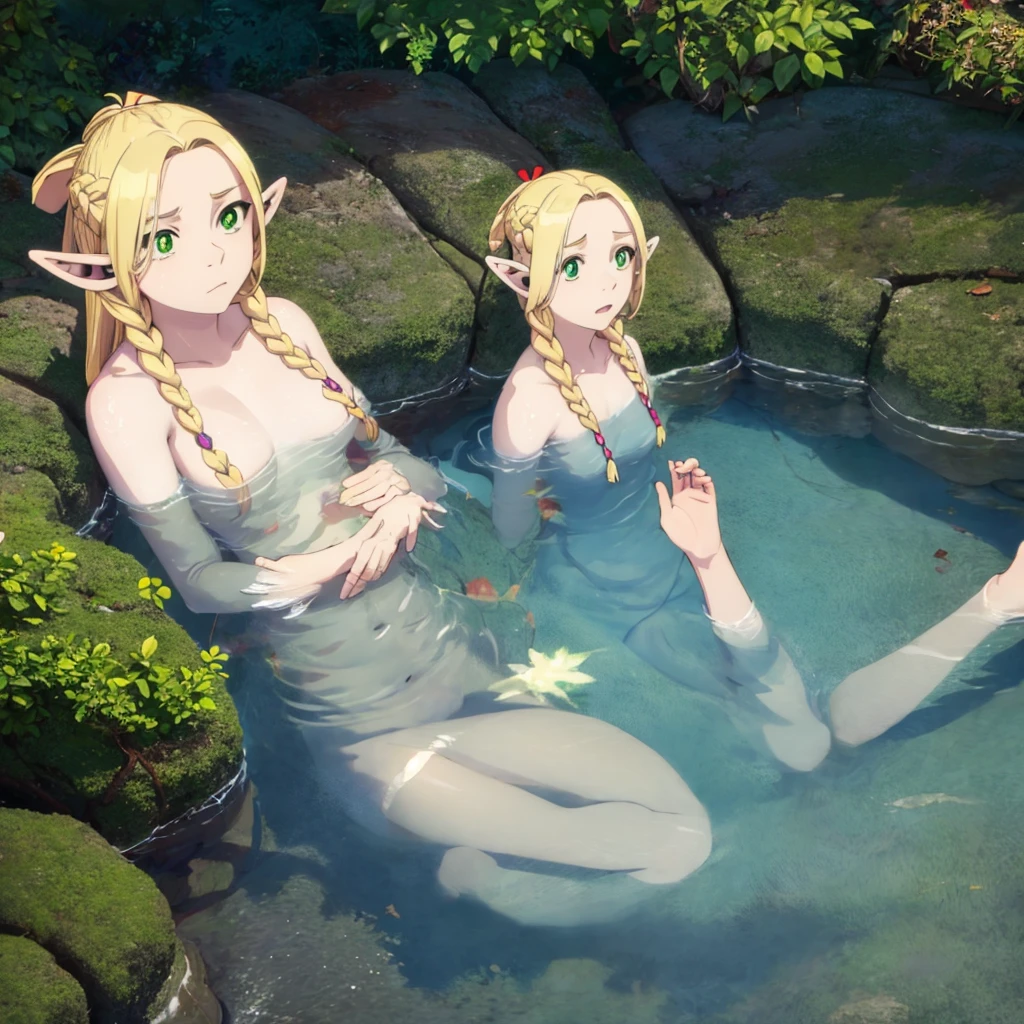 Elf girl, elf ears. Marcille Donato. Nudity. Swimming. No clothing. Large cavern. underground. glowing water. Blonde hair. Wet hair. Green eyes. visible nipples. braided hair.