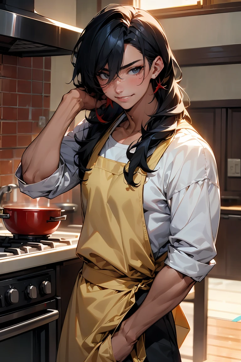 male character, young adult, fit lean body, muscular, himbo, tan skin, bubbly personality, long hair black hair with red strands, on a kitchen, cooking something, bishonen, celshaded, bright and warm colors, homey vibe, casual clothes with apron on