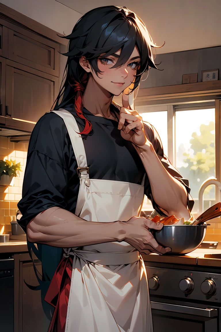 male character, young adult, fit lean body, muscular, himbo, tan skin, bubbly personality, long hair black hair with red strands, on a kitchen, cooking something, bishonen, celshaded, bright and warm colors, homey vibe, casual clothes with apron on