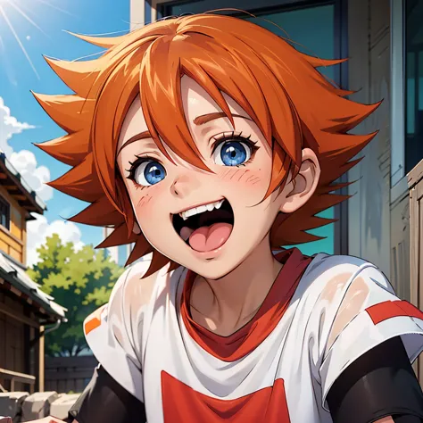 christ, boy, red t-shirt, white sleeves, blue eyes, orange hair, spiked hair, looking at viewer, happy, laughing, mouth open, po...