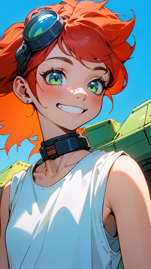 1 Girl、solo、 Redhead、Green goggles、White shirt、Ultra-high definition eyes、Upper body close-up、Very thin、clavicle、、Spaceship on background、blue sky、Grin、shoulder