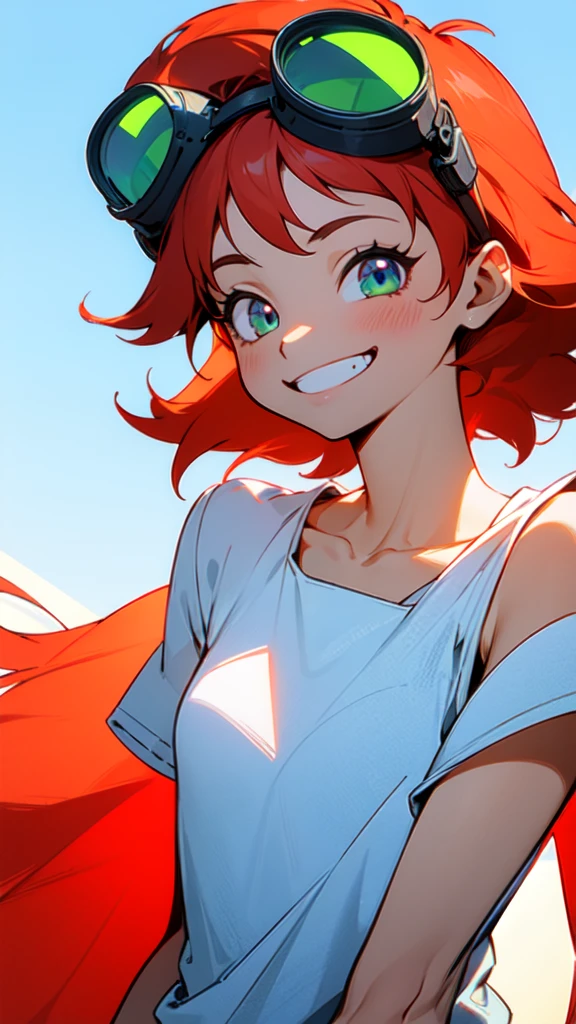 1 Girl、solo、 Redhead、Green goggles、White shirt、Ultra-high definition eyes、Upper body close-up、Very thin、clavicle、、Spaceship on background、blue sky、Grin、shoulder