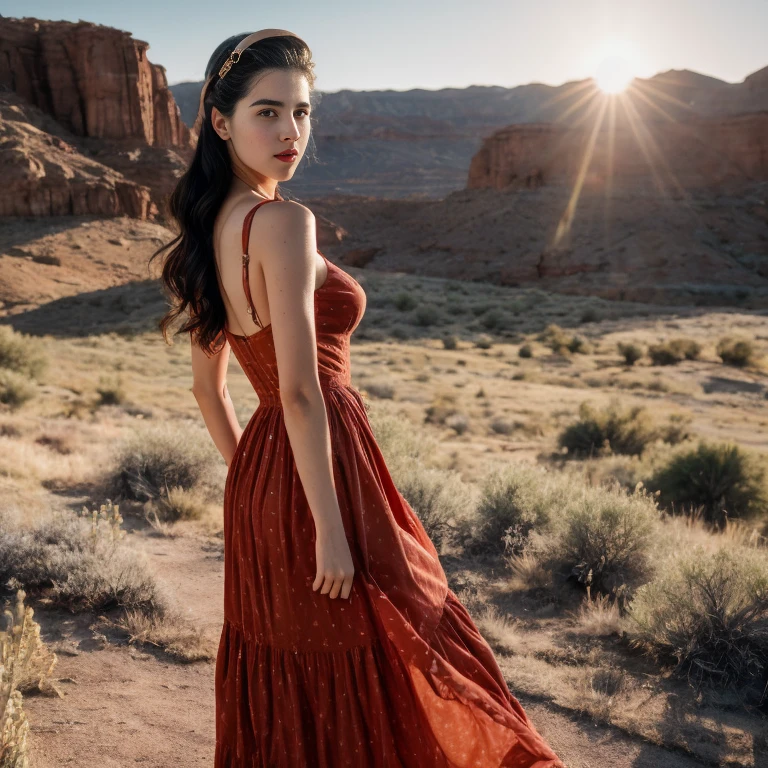 Retro Cam. margaret qualley, wild west, gatsby long dress, pin-up, vintage dress, 22 years old, perfect body, 40's, perspective, half body detail, sharp focus, light mix, detail, 50's, (high skin detail: 1,2), 8k hd, Wallpaper, DSLR, Luz outfit, high quality, Fujifilm XT3 Grainy Films.