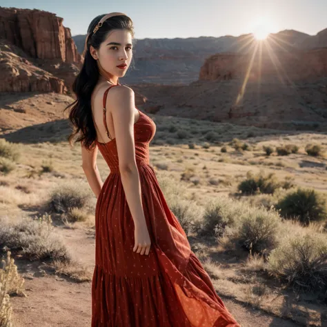 retro cam. margaret qualley, wild west, gatsby long dress, pin-up, vintage dress, 22 years old, perfect body, 40's, perspective,...