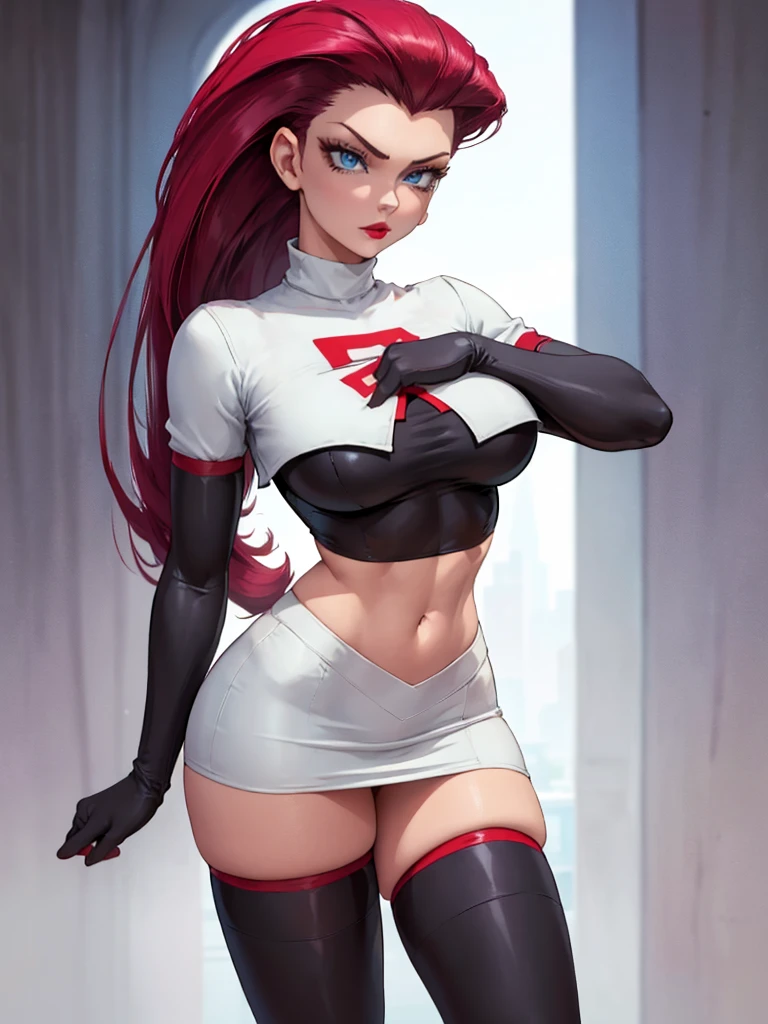 wunderschönes Mädchen im sexy Stehen, ((zurückgekämmte Haare, lange Haare,)), große blaue Augen, Roter Lipgloss, perfekter Körper, Team Rocket ,Team Rocket uniform ,weißer Rock,bauchfreies Top,Strümpfe,Ellenbogen-Handschuhe, Meisterwerk, highres, ((einfacher Hintergrund:1.3))