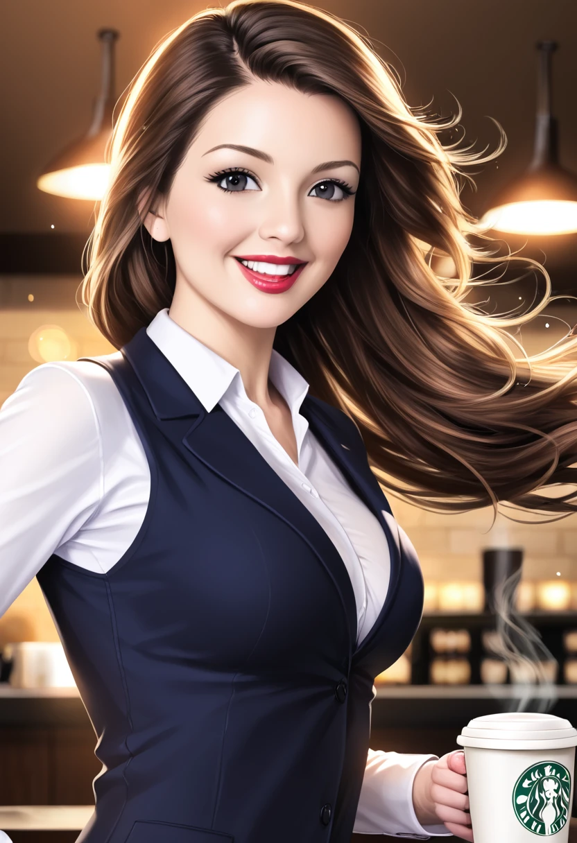 NFSW, sexly, black eye, 1woman, 12yo, (((woman))), 独奏, realistic,  best quality, photorealistic, masterpiece, 8K, high res, 独奏, extremely detailed face,  (professional lighting, bokeh), (light particles, lens flare, glowing particles:0.6), (dynamic pose:1.2), soft lighting, full body,  (medium breast),  (long hair), brown hair, floating hair, lips, lipstick, seductive smile, floating hair, (smile), (open_mouth), teeth, indoor、Coffee shop、Date