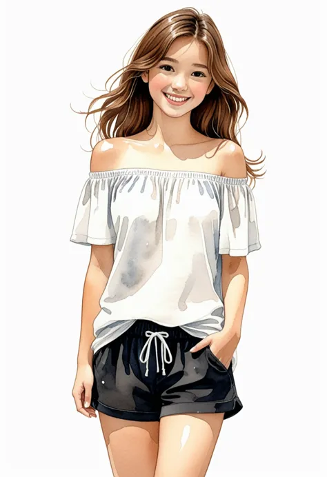 hand-drawn watercolor illustration, one girl,brown hair（long hair）, off shoulder（black）,shorts（white）,15 years old,smile,cute, c...