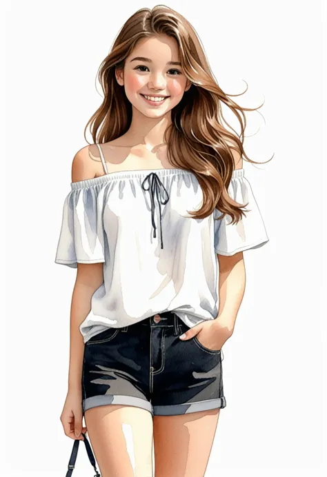 hand-drawn watercolor illustration, one girl,brown hair（long hair）, off shoulder（black）,shorts（white）,15 years old,smile,cute, c...