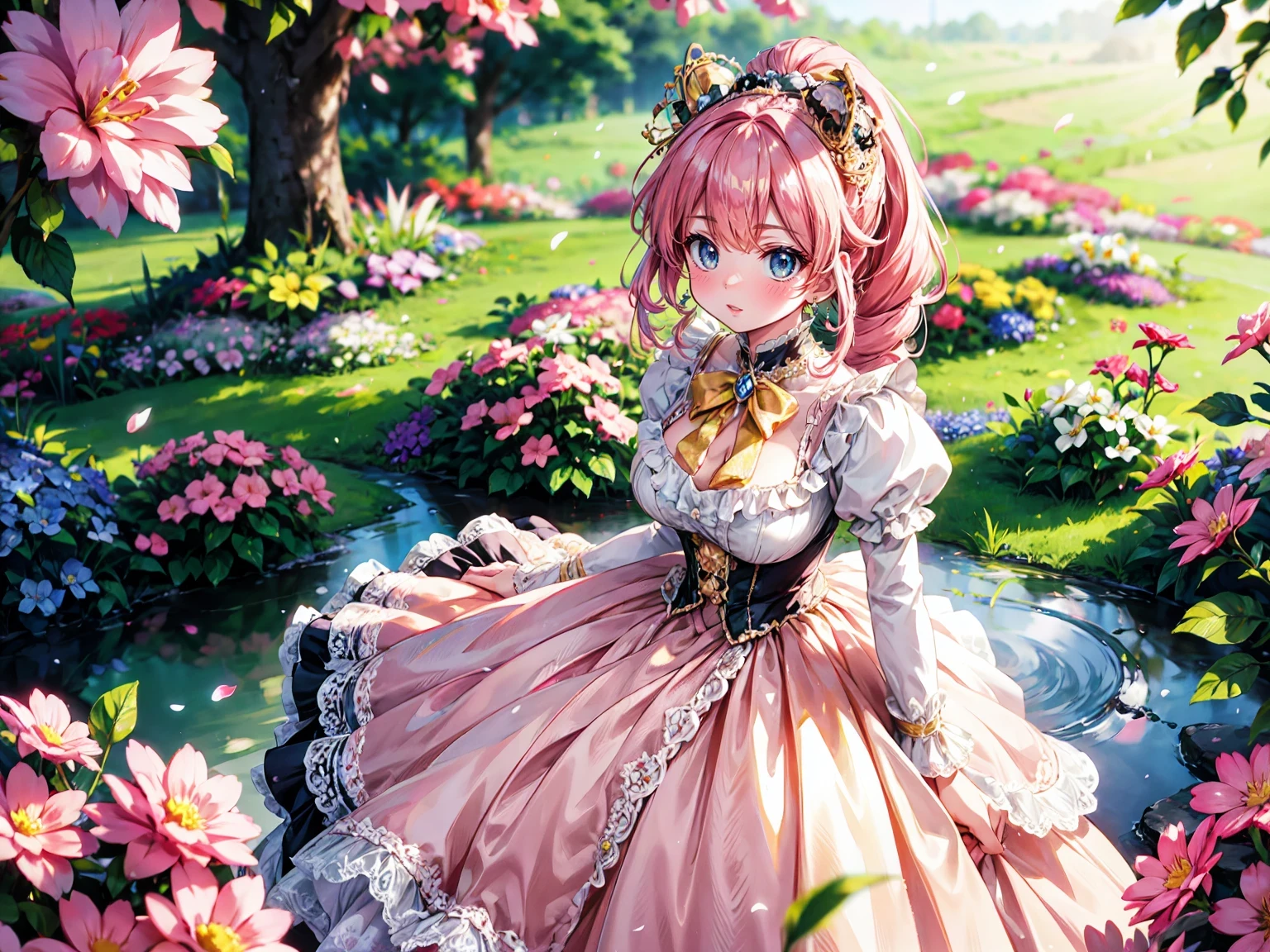 anime moe art style, ((Masterpiece, ultra detailed, exquisite quality)), (((young face solo princess))), (dress light yellow dress), (((ultra elaborate gorgeous rococo victorian gown with voluminous hoopskirt and long hems and lot of frills and pleats dense lace, princess style skirt, ultra lovely gown))), (((hair pink hair))), ((fluffy long ponytail)), (Expressive very voluminous hair), ((huge breasts)), breasts cleavage, (((leaning forward, looking up, from above, front view))), super delicate face, kawaii face, (hyper detail delicate eyes, hyper beautiful eyes, eyes blue eyes), (((So lot's of colorful flowers))), ((face focus, eyes focus, blurry background:1.5)), (isometric 3D:1.3), particle effect,