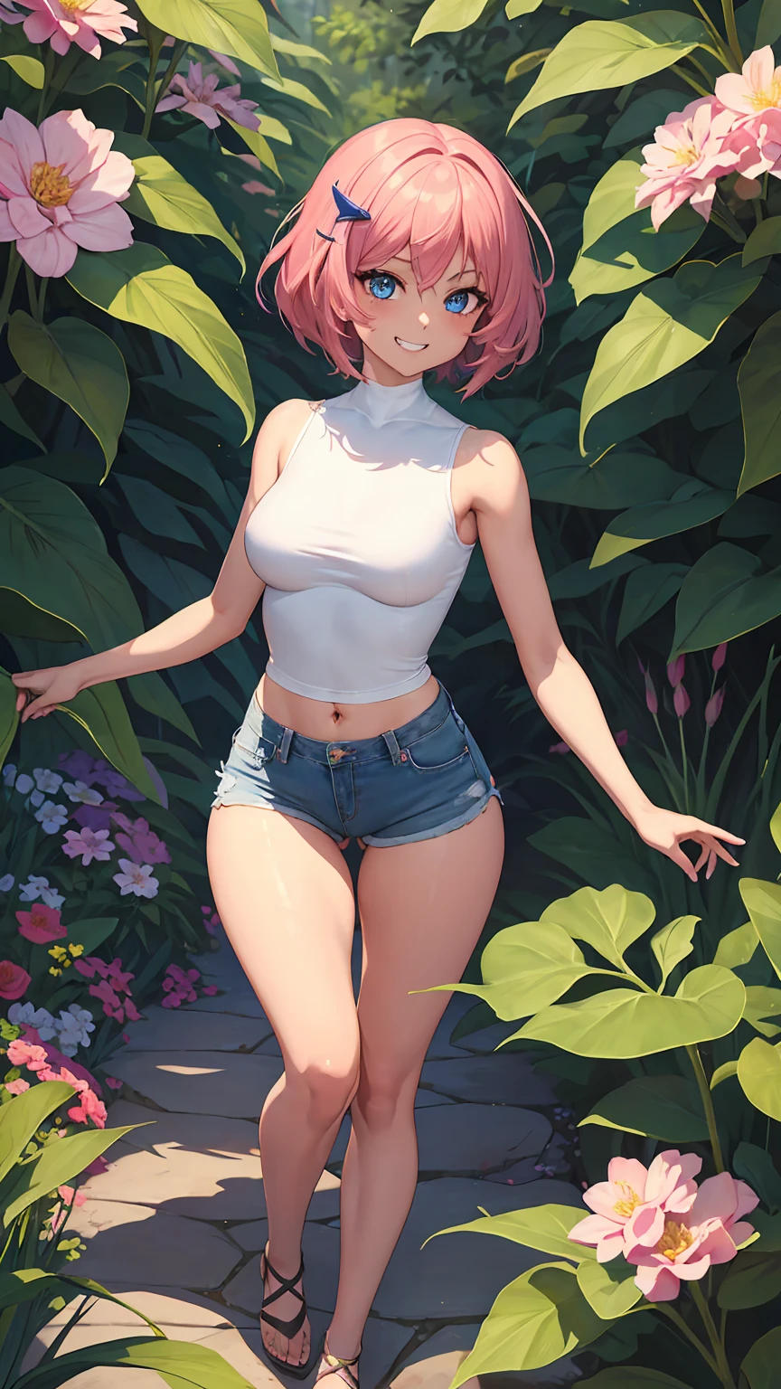 1girl, anime girl, anime, (dark skin), 2d girl, 16y, (fullbody), standing, anime girl, blue eyes, grin, (short hair, pink hair, hair clip), Sarashi, Solo, Slim, medium Breasts, sfw, Tight Shorts, low waist shorts, upshorts, the garden background, flowers, afternoon sky, looking at viewer, darker shadows, (((explicit))), (((shorts))), (((absurdres))), (((thigh gap))), cameltoe, (((cameltoe))), (((cleft of venus))), (((sleeveless))),