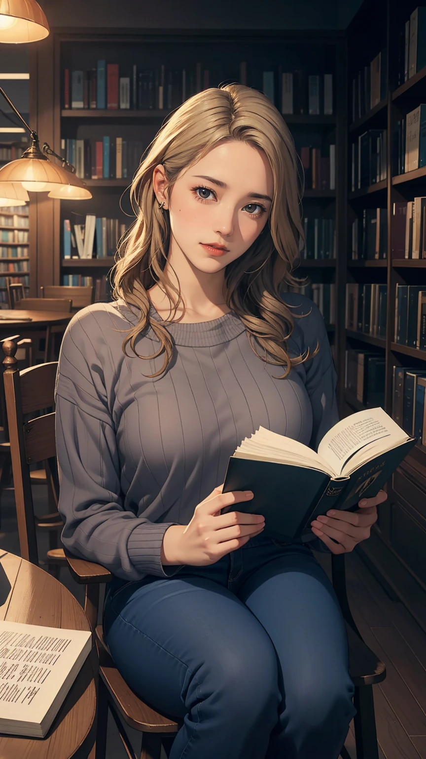 1girl, long blonde hair, beautiful detailed eyes, blue eyes, beautiful detailed lips, smile, gray sweater, long black jeans, blue shoes, sit at chair, fullbody shot, inside library, reading book, (best quality,8k,highres,masterpiece:1.2),ultra-detailed,(realistic,photorealistic,photo-realistic:1.37),HDR,vivid colors,natural lighting,cinematic mood,fantasy,soft lighting