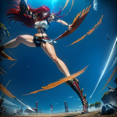 beautiful erza running with a sword in her right hand, dynamic movement, dynamic pose perspective, dynamic perspective pose, for...