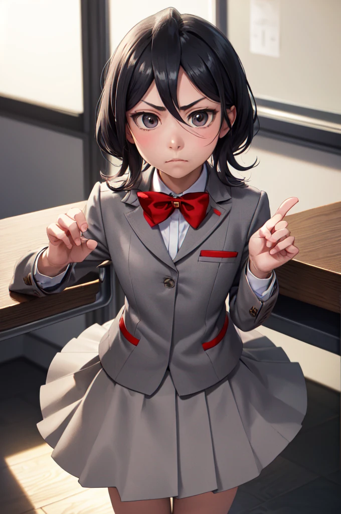 masterpiece, Highest quality, Cutchikirkia, bow tie, Grey blazer, Grey Skirt, School, classroom, Cowboy Shot, View your viewers, Frowning, From above