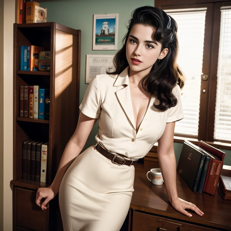 Retro Cam. margaret qualley, office, secretary, pin-up, vintage, 2, perfect body, 40's, perspective, half body detail, sharp focus, light mix, detail, 50's, (high skin detail: 1,2), 8k hd, Wallpaper, DSLR, Luz outfit, high quality, Fujifilm XT3 Grainy Films.