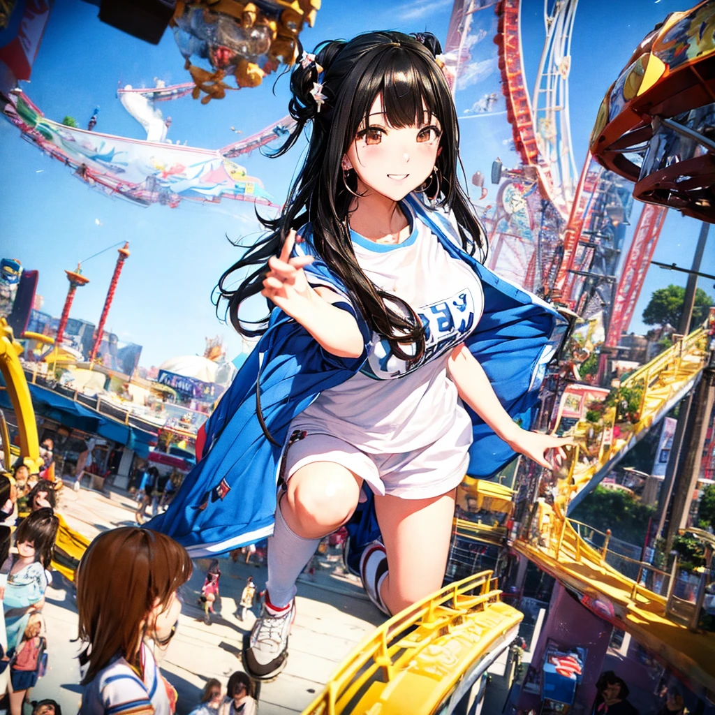 masterpiece　　Unreal Engine　Anime Style　Delicate painting　4K　90's　giant　Multiple Girls　crowd　 　amusement park　to　amusement parkに立っている巨大な女の子　Ferris wheel　ジェッtoコースター　　crowd　スカーto　Big Breasts　White T-shirt　Summer clothes　Short sleeve　Private Server　sneakers　White socks　watch　Black Hair　　smile　blue sky　cumulonimbus　Contrail　female giant giant girl Whole body 　 Destroyed skyscrapers Destroyed cars Crowd Unreal Engine,cleavage ,a drawing of a , earrings, long hair, 1980s (style) Cute picture　Beauty　Analog style　whole body　sneakers　