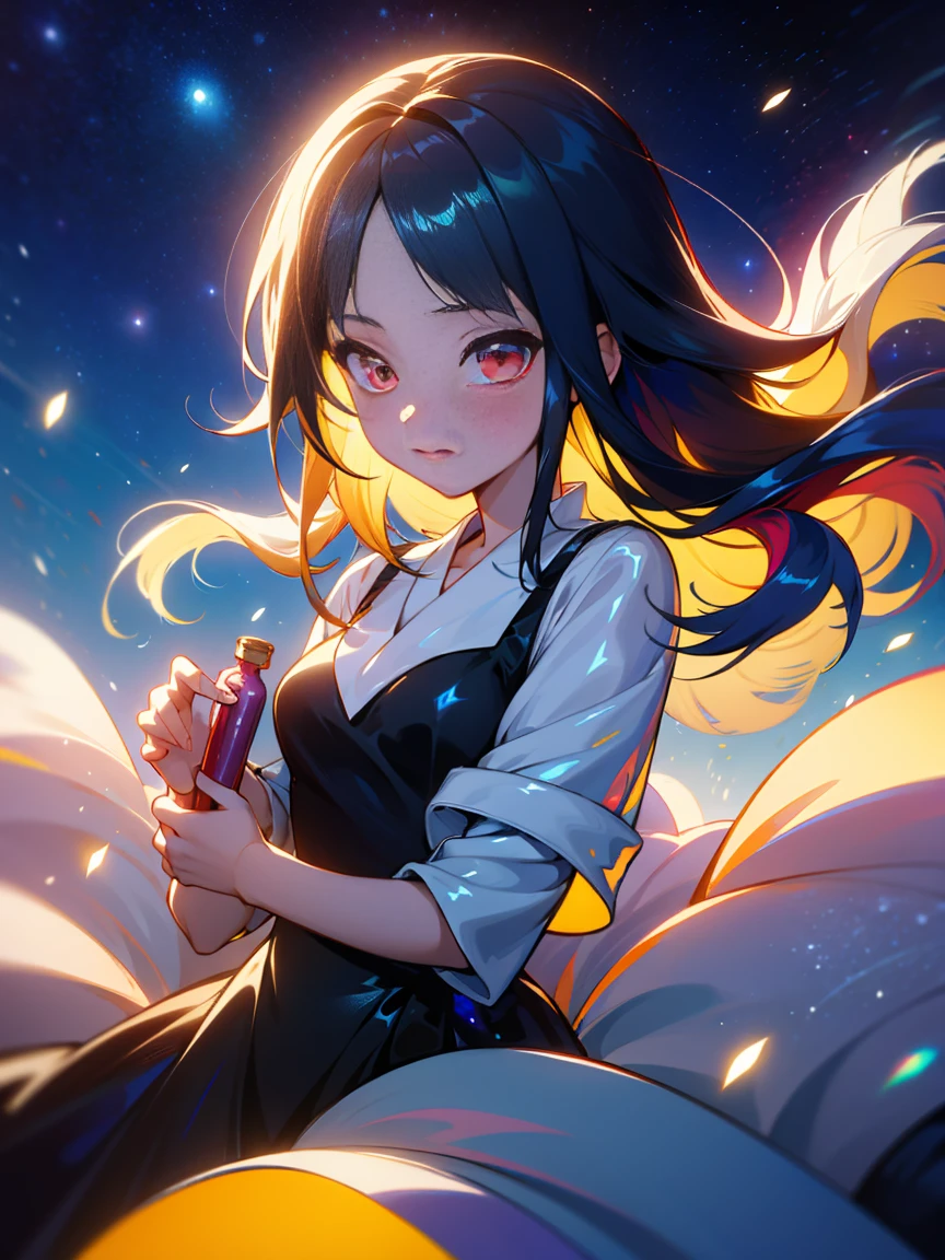 bioluminescent shiny glow, beautiful girl in flowing ballgown dress, galaxy style dress, galaxy glow, sparkling, ethereal, fluffy flowing hair, silky glistening iridescent raven hair, kaguya shinomiya, 4k, perfect illustration