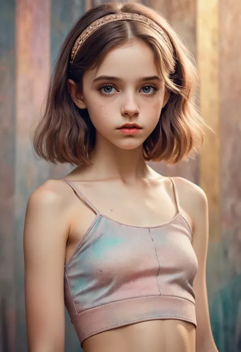 (Cinematic photo:1.3) From (Thigh-length photos:1.3),(skinny:1.3) ((CROPTOP, NAVEL)) Beautiful 12 year old girl, (complex brown ...