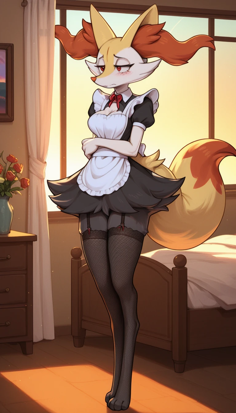 1girl, anthro, furry, fur, fluffy fur, braixen girl, Red eyes, full body, (19 years), medium breast, thicc thighs, solo, (bedroom), sunset, detailed, maid outfit, fishnet stockings, shy, nervous, sunset, (sad), (depressed), (baggy eyes), standing, half-closed eyes, score_9, score_8_up, score_7_up, score_6_up, score_5_up, score_4_u