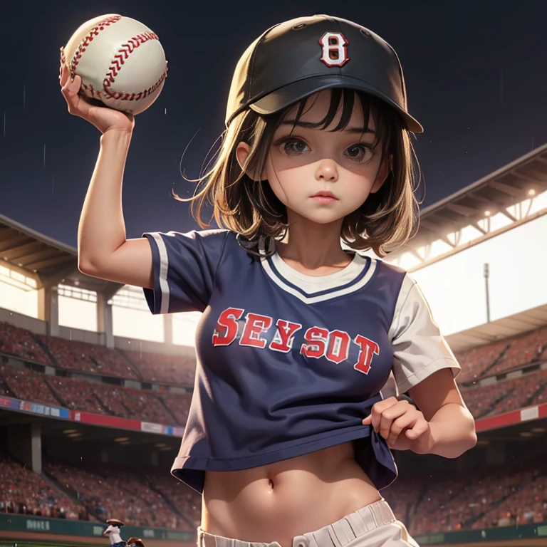 (highest quality, super high resolution, historical masterpiece) Beautiful baseball player girl (cute girl, 8 years old: 1.5) Baseball uniform with little fabric, (loli big breasts, gigantic breasts, erect nipples that stand out even when clothed) (baseball cap, uniform with school name embroidered on it, short length, navel visible, shorts so short that underwear is visible, delicately drawn clothes, baseball mitt, jumping to catch a baseball), active poses, dynamic effects, dramatic composition, rainy weather, Koshien in summer