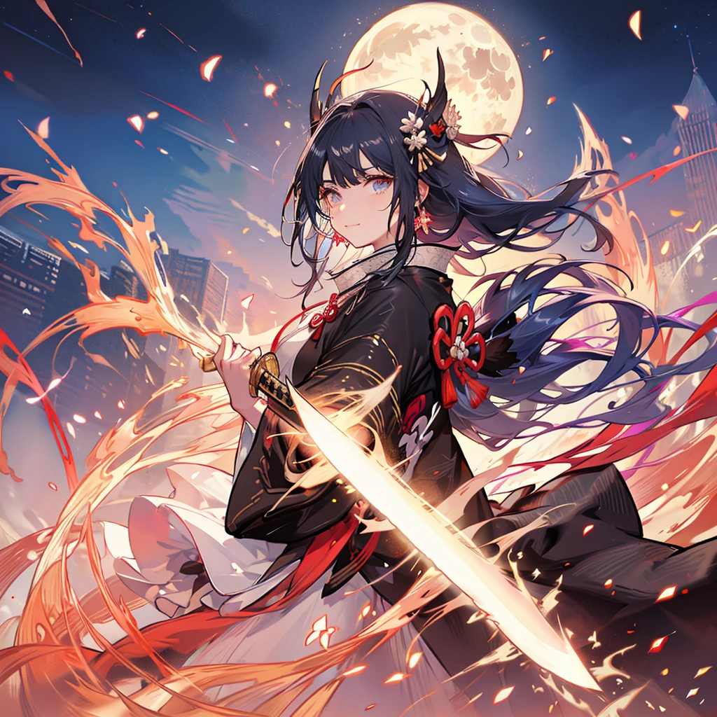 (White heir Shot heir Whole body)
((Japanese SAMURAI Girl))
((Japanese Sword))
Death Clothes Dress 
Bule Doragon
Shiny earrings　Bathed in light  
((Dark side Sad and Insanity faice ))
Shadow Aura  Confetti　Particles of light  
(((Big Fullmoon )))
Catch the wind Light