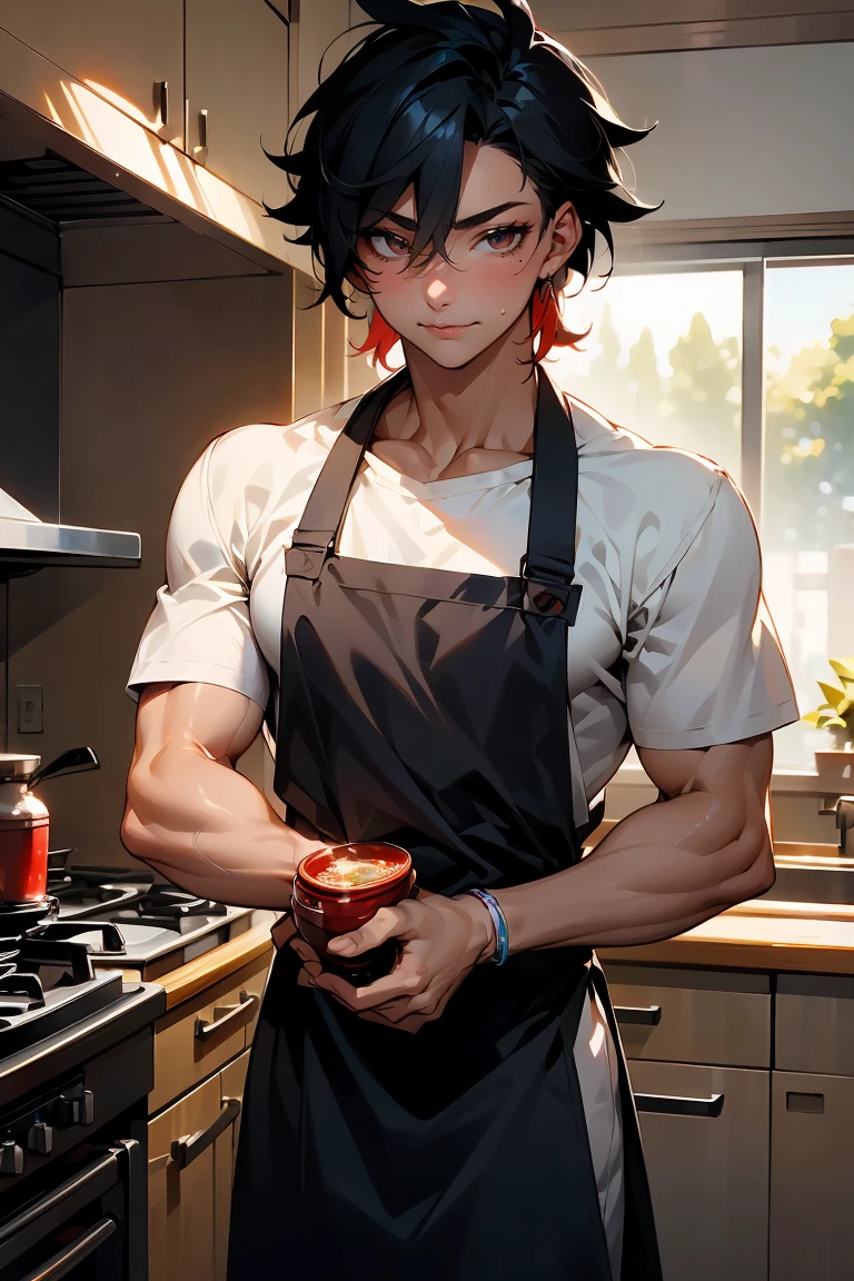 male character, young adult, fit lean body, muscular, himbo, tan skin, bubbly personality, long fluffy hair black hair with red strands, on a kitchen, cooking something, bishonen, celshaded, bright and warm colors, homey vibe, casual clothes with apron on