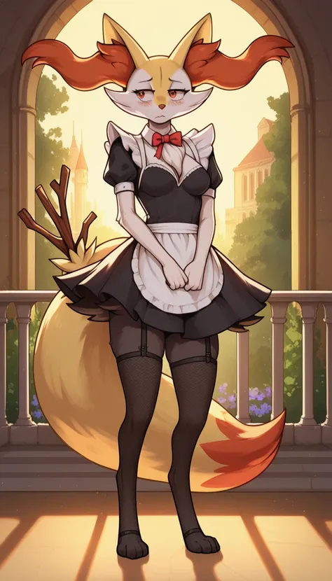 1girl, anthro, furry, fur, fluffy fur, braixen girl, red eyes, full body, (19 years), medium breast, thicc thighs, solo, (mansio...