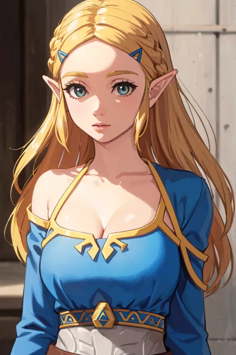 the legend of zelda costume，cleavage，off the shoulder dress，blond，upper body close-up
(best quality, masterpiece, original photo...