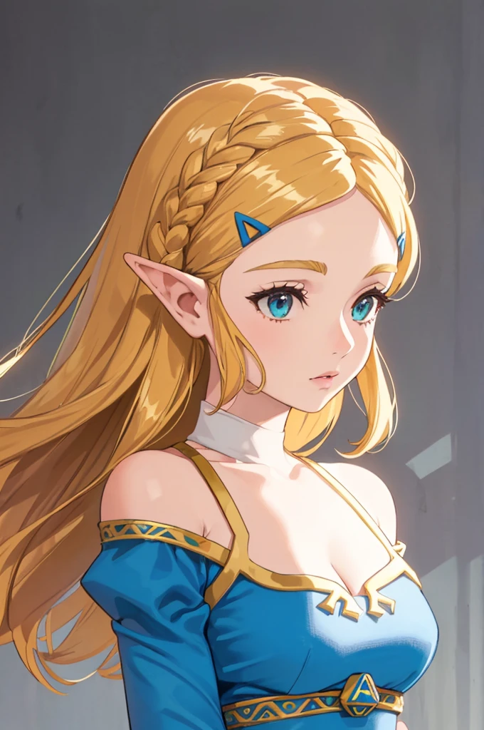 The Legend of Zelda Costume，cleavage，Off the shoulder dress，blond，Upper body close-up
(best quality, masterpiece, original photo,Super detailed:1.2), 1 girl,alone,looking at the audience,  