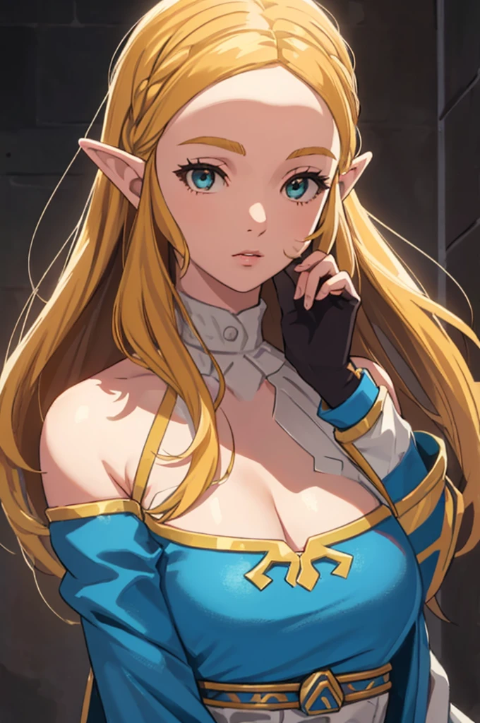 The Legend of Zelda Costume，cleavage，Off the shoulder dress，blond，Upper body close-up
(best quality, masterpiece, original photo,Super detailed:1.2), 1 girl,alone,looking at the audience,  