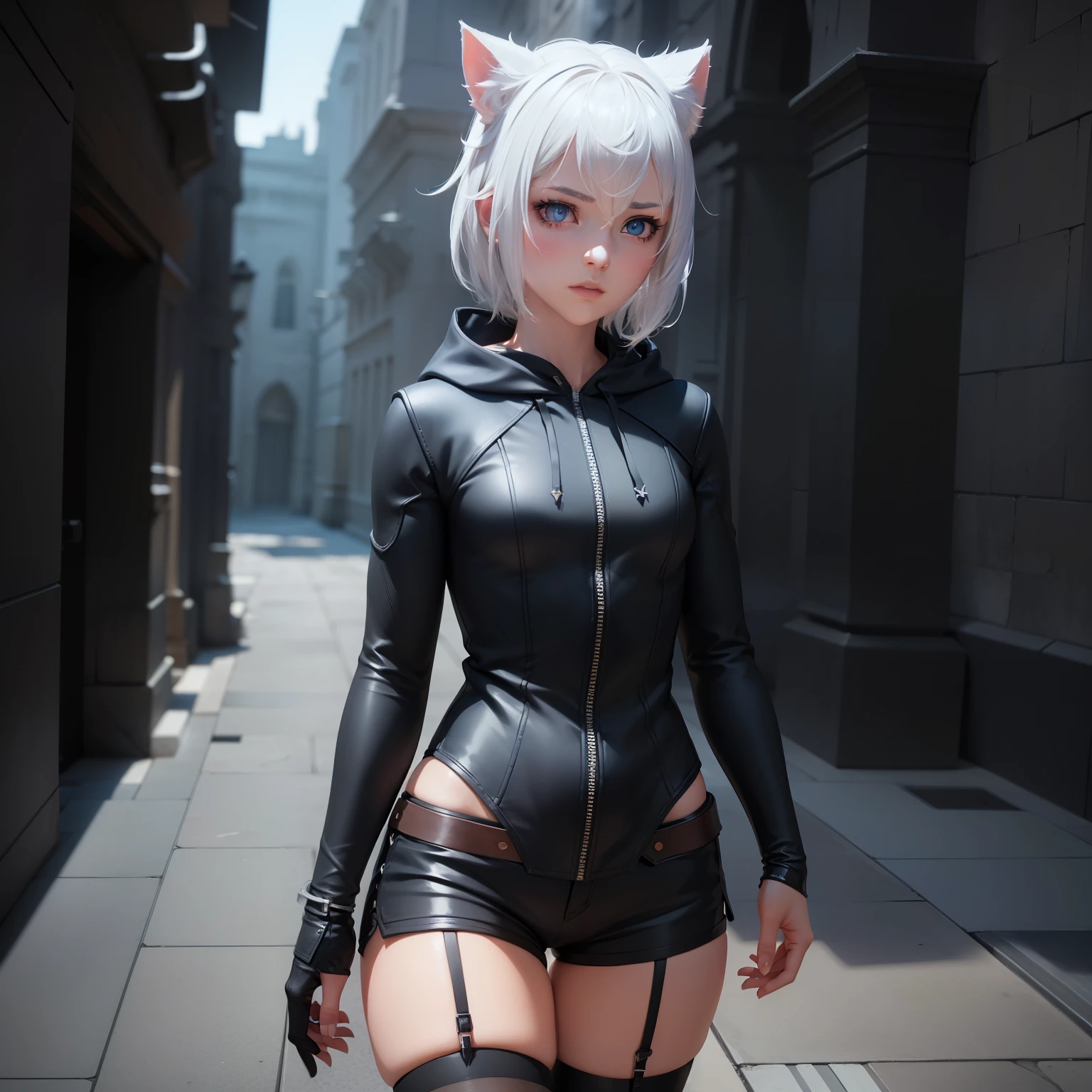 1 girl, character with cat ears, silver hair, short hair, beautiful detailed eyes, beautiful detailed lips, extremely detailed eyes and face, long eyelashes, wearing black hooded outfit, thigh-high stockings, garters, short shorts, (best quality,4k,8k,highres,masterpiece:1.2),ultra-detailed,(realistic,photorealistic,photo-realistic:1.37),concept art, fantasy, cinematic lighting, dramatic shadows You decided to wear a hoodie and covered your body, hiding yourself Rey 