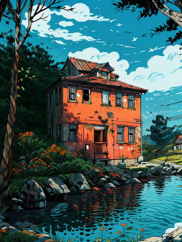 uma cabana cercada por árvores, arte de linha, pretty céu, cart, sombra, sombra, outono, Estilo Ghibli, Flores, pedra, lago, reflexão, sem humanos, cenário, ao ar livre, céu, Nuvem, prédio, Sinal, casa, janela, plantar, Nuvemy céu, arbusto, pôr do sol, obra de arte, Alta resolução 