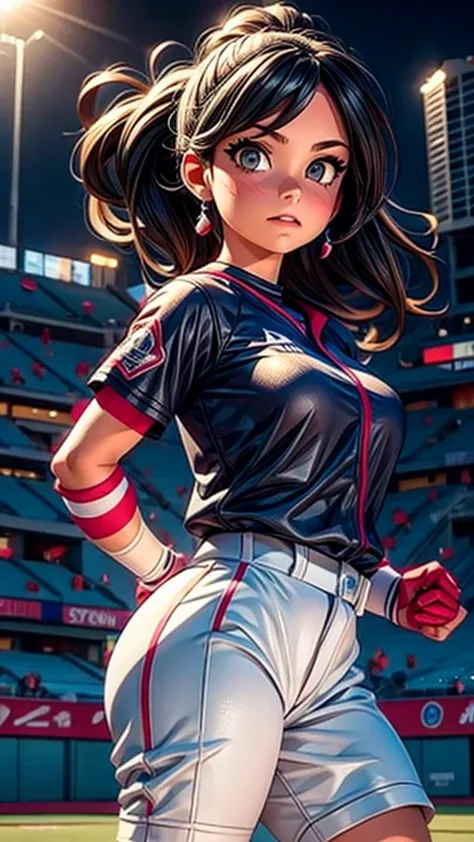 a female baseball player hitting a home run,1girl,baseball player,home run,athlete,sports,dynamic pose,intense expression,swingi...