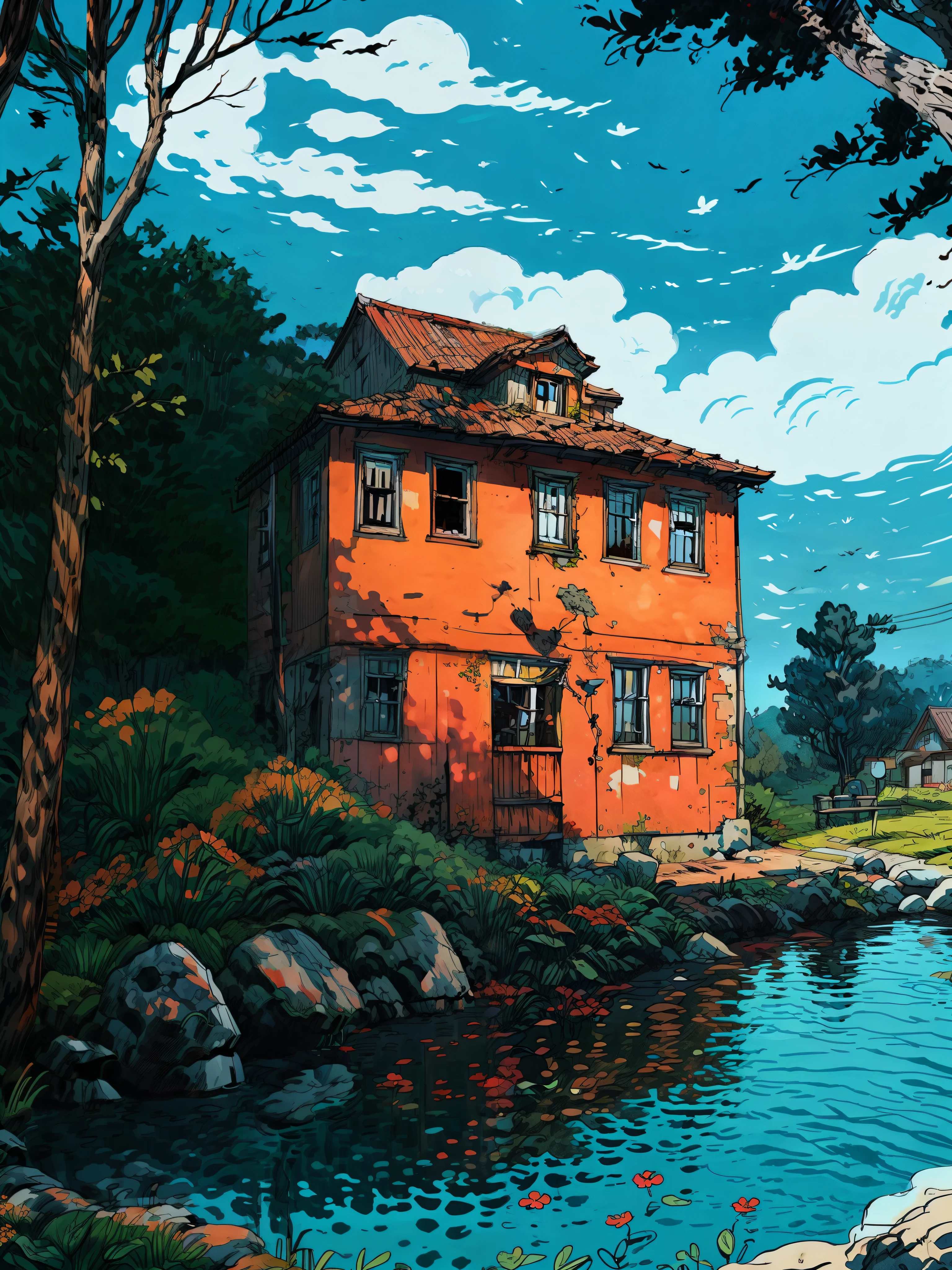 uma cabana cercada por árvores, arte de linha, pretty céu, cart, sombra, sombra, outono, Estilo Ghibli, Flores, pedra, lago, reflexão, sem humanos, cenário, ao ar livre, céu, Nuvem, prédio, Sinal, casa, janela, plantar, Nuvemy céu, arbusto, pôr do sol, obra de arte, Alta resolução 