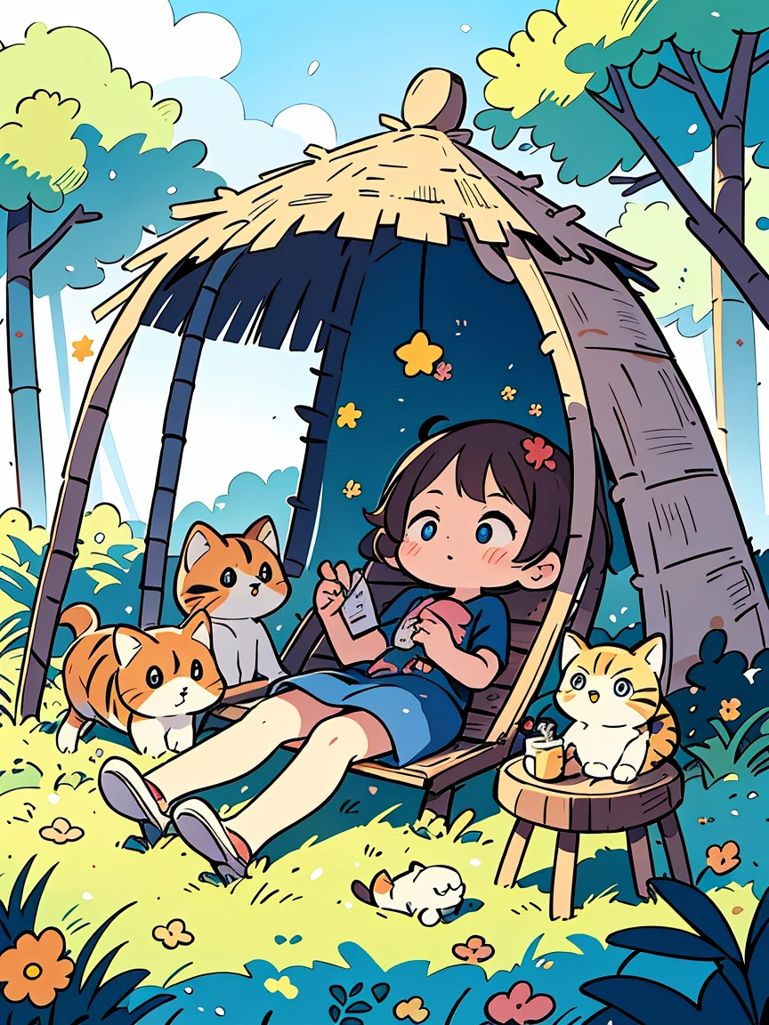 One summer night,there were stars in the sky. The old lady was lying on a bamboo chair,with a cute little cat beside her. The  was sitting on the grass,hand drawn style,children's illustrations,flat illustrations,masterpiece,best quality,