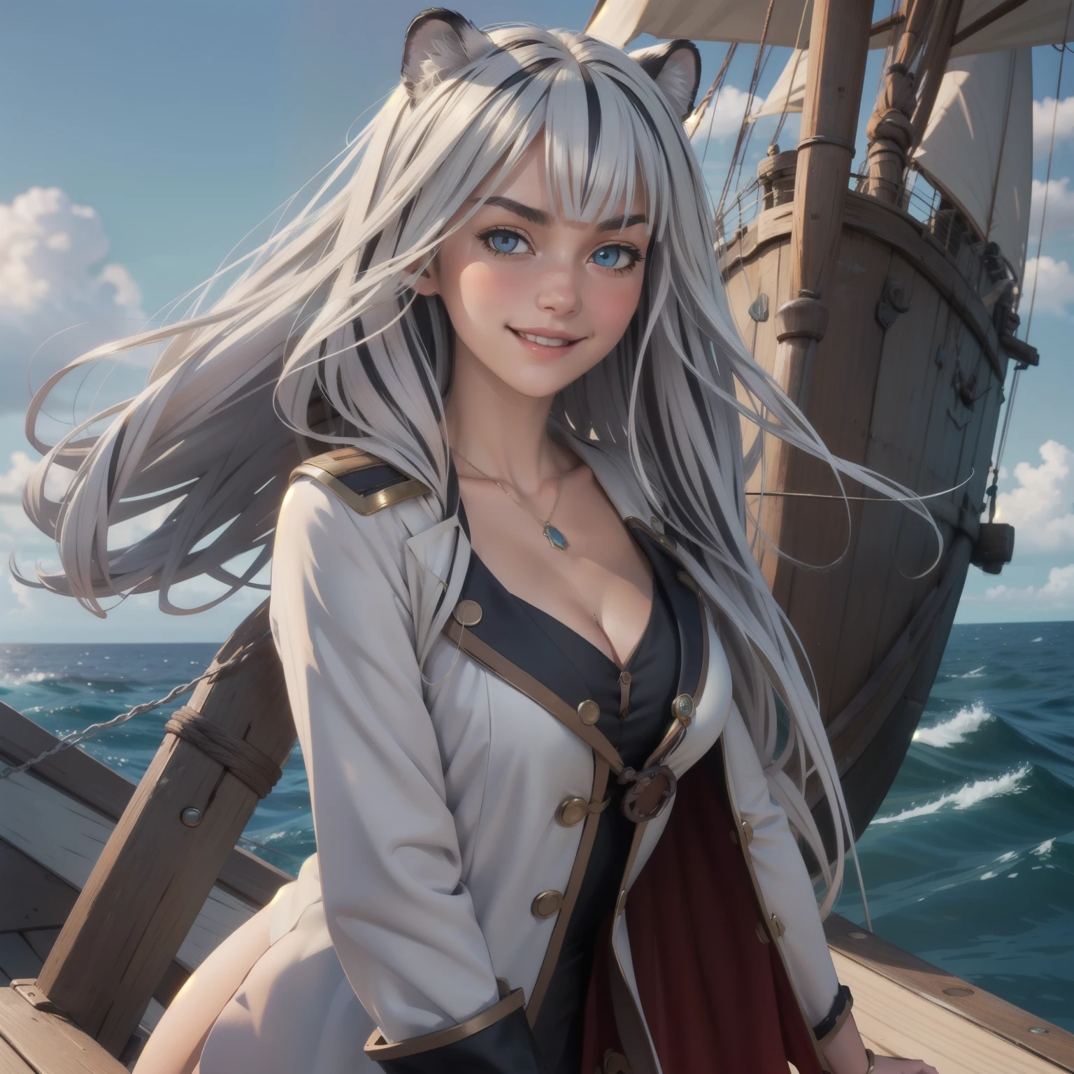 Atlas Fayon woman 25 years old, white hair with black stripes, blue eyes like sapphires,  white tiger ears, SMILE, blush, big breasts.  dressed as a pirate, pirate captain clothing, neckline,  background a pirate ship in the middle of the ocean. floating hair, mature face. neckline, 