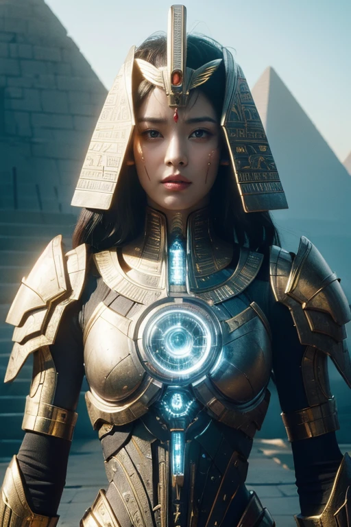 ((Highest quality、8k、masterpiece:1.3))、Photorealistic, Sharp focus, high resolution, High resolution, Portraiture, one person, woman, beautiful woman, sexly、Egyptian woman warrior walking in ancient egypt、Complex technology, Pyramids and ancient Egyptian cities far away、cyber-、Light and shadow、Cyan Light、