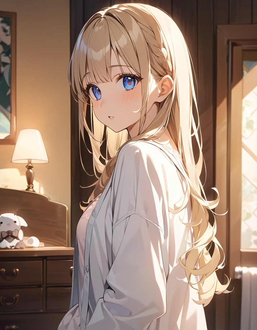 (Highest qualityのイラスト:1.2), (cute女の子:1.1), (1 girl、17 years old、Highest qualityのイラスト:1.2), (slightly bigger eyes、Kind eyes、blue eyes)、Blonde、Semi-long hair、Mature、(Highest quality、Very detailed、cute、Ultra-high resolution) 、Morning bedroom、Change of clothes、Take off your pajamas、bra、from side