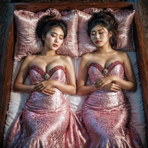 In a striking 8K HDR scene, a stunning Korean woman, 22 years old, lies peacefully in a black coffin surrounded by plush pillows...