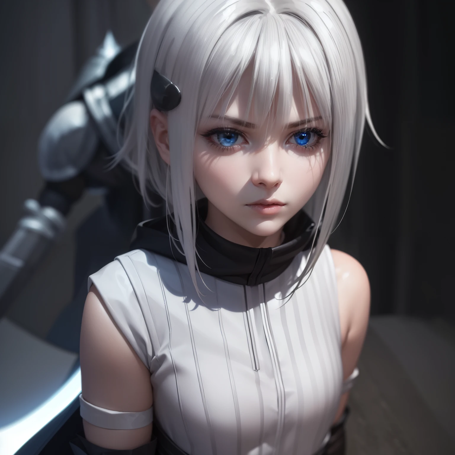 1 girl, character with cat ears, silver hair, short hair, beautiful detailed eyes, beautiful detailed lips, extremely detailed eyes and face, long eyelashes, wearing black hooded outfit, thigh-high stockings, garters, short shorts, (best quality,4k,8k,highres,masterpiece:1.2),ultra-detailed,(realistic,photorealistic,photo-realistic:1.37),concept art, fantasy, cinematic lighting, dramatic shadows You decided to wear a hoodie and covered your body, hiding yourself Rey 